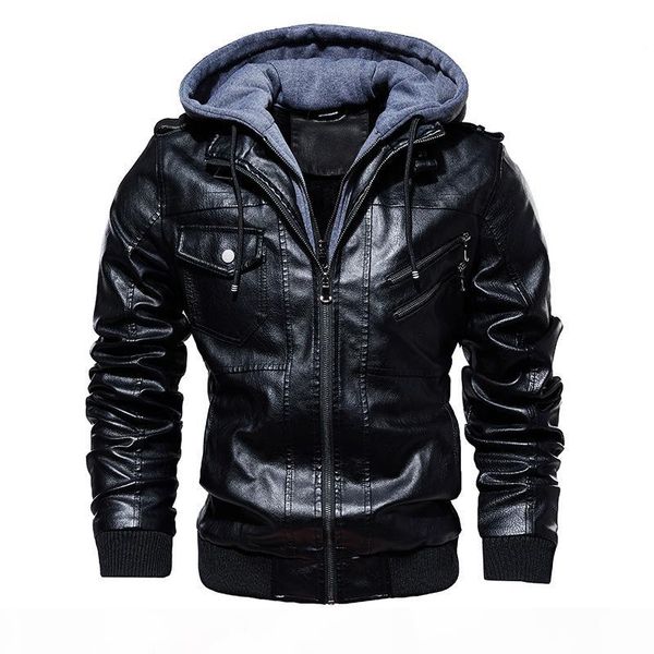 

vogue men pu leather jacket men motorcycle hood winter coat man warm casual leather jackets male slim fit bomber windbreaker, Black