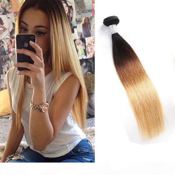 

malaysian human hair one bunldes 10-28inch 1b 4 27 ombre three tones color double wefts 1b 4 27, Black