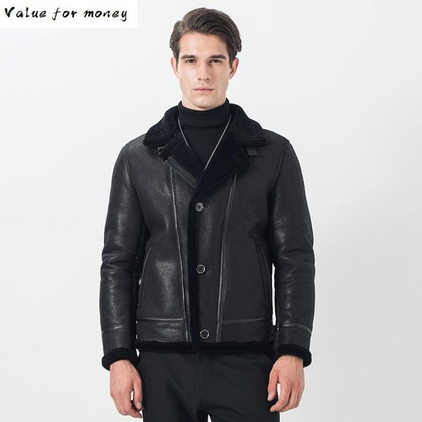

leather men's jacket sheepskin coat autumn winter genuine leather jackets 100% wool lining vintage motorcycle 14306, Black
