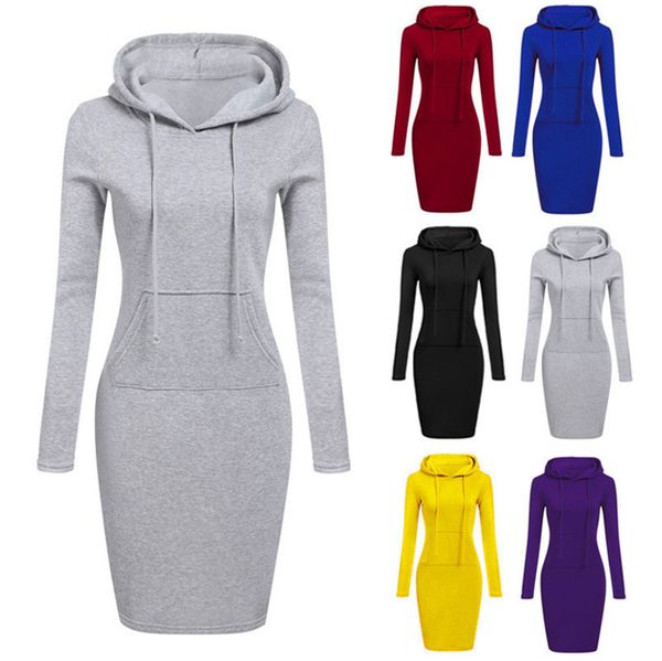 

9 colour autumn and winter women knee length casual hooded pencil hoodie long sleeve sweater pocket bodycon tunic dress s-2xl p96, Black;gray