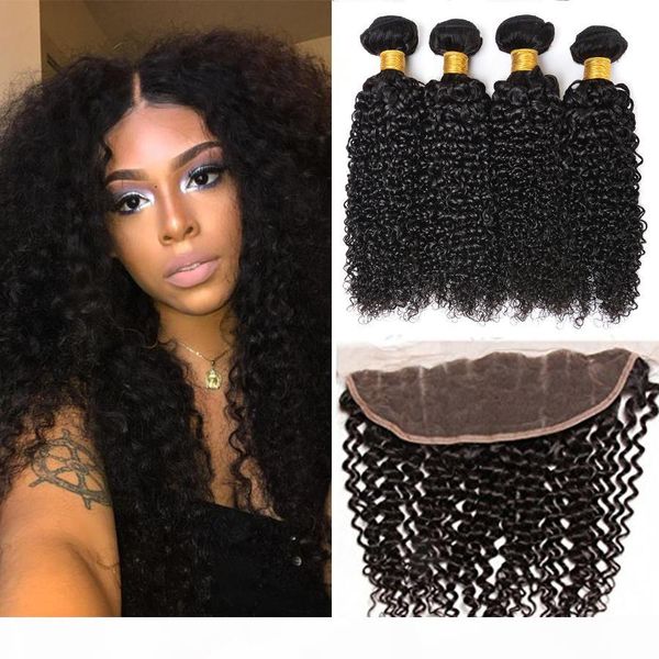 

brazilian virgin hair with closure 13x4 ear to ear lace frontal closure with bundles brazilian mongolian kinky curly hair 4pcs lot, Black;brown