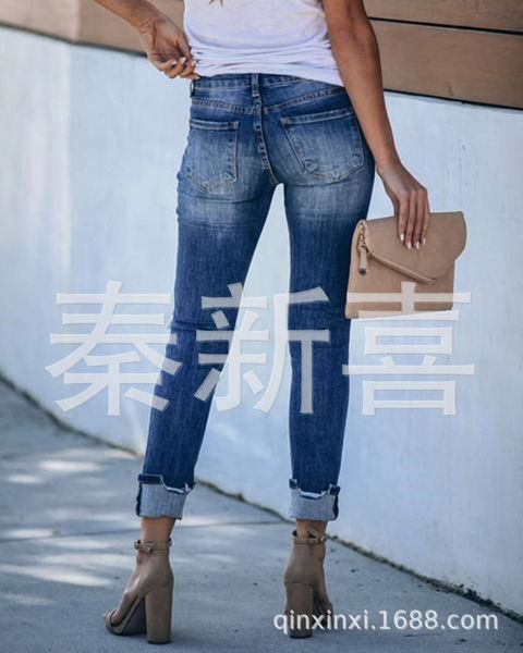 

12020 new autumn and winter street washed hole slim pants women's jeans, Blue