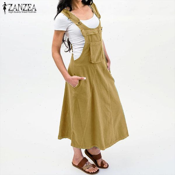 

zanzea 2021 linen overall dress womens summer kaftan o neck front pockets midi vestidos vintage plus size tunic robe, Black;gray