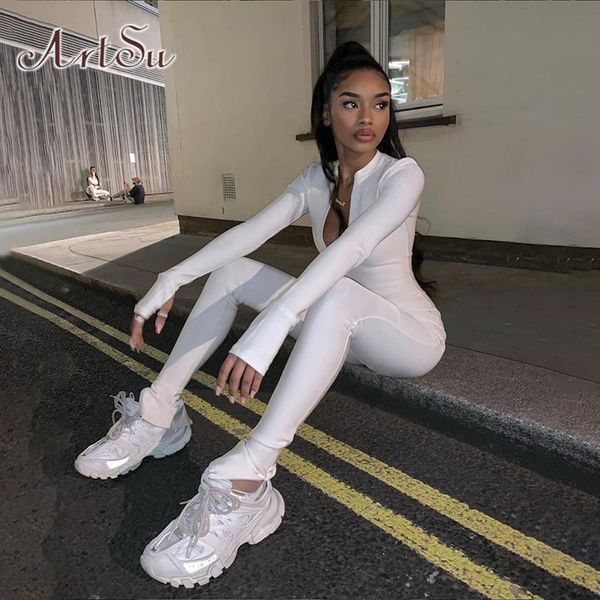 

casual fitness sporty rompers womens jumpsuits workout zipper activewear long sleeve skinny solid jumpsuits asju20696, Black;white