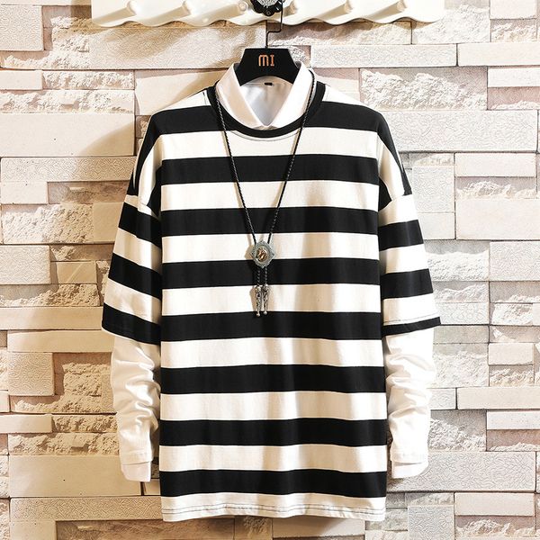 

2021 new autumn mode spring oversight false pieces tshirt long moonlight from men neck t-shirt to the man superior tees blgp, White;black