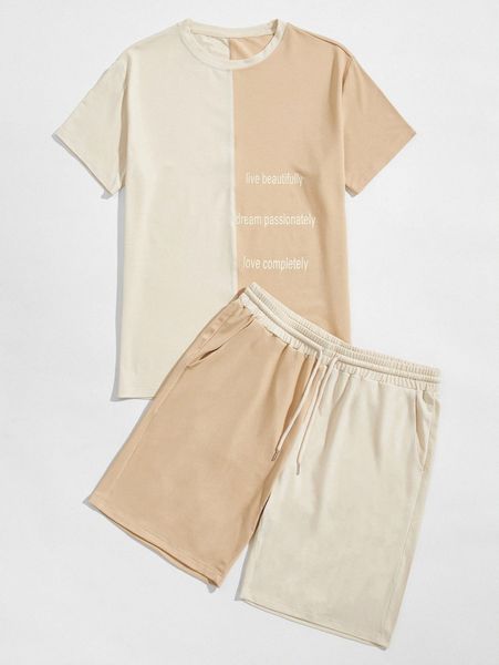 

men slogan graphic two tone tee & track shorts m8pv#, Gray