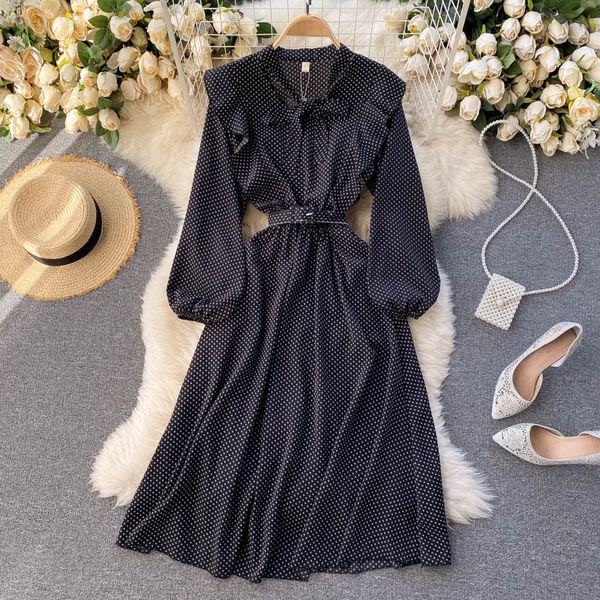 

2021 new singiny feminine polka dot spring neck puff stripes the line dressed chiffon ruffle dress w5vq, Black;gray