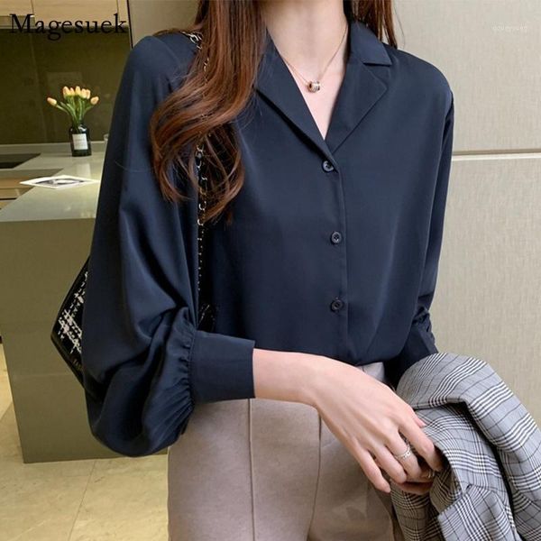 

women's blouses & shirts 2021 autumn loose notched button up shirt korean chiffon white women office lady long sleeve mujer 119701