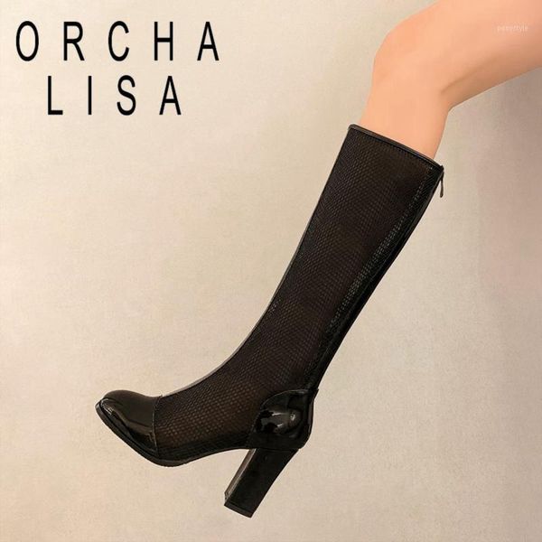 

boots orchalisa women knee 2021 square toe 9cm block heels patent leather mesh breathable zip big size 43 summer a33741, Black