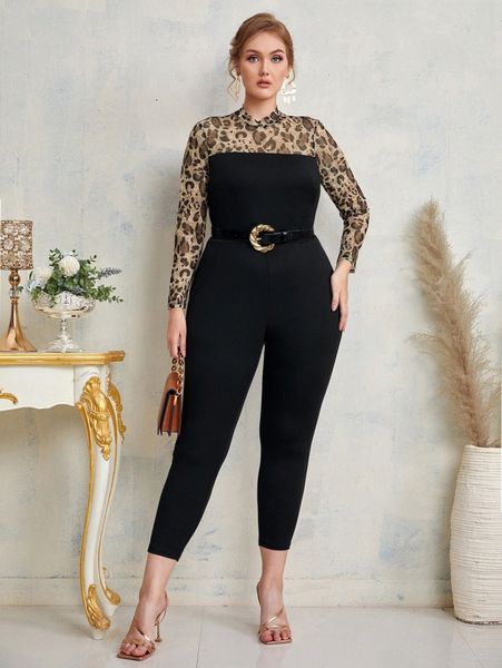 

plus mock neck leopard pattern colorblock jumpsuit without belt w9yz#, Black