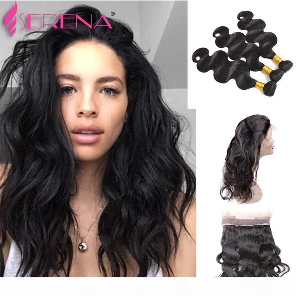 

body weave and closure 360 lace frontal 22*4*2 inch brazilian hair 100% unprocessed human hair body wave lace band frontal with baby hair, Black;brown