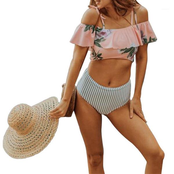 

summer beach women set two piece print short ruffle slash neck short sleeves jumpsuit bathing suit1, White