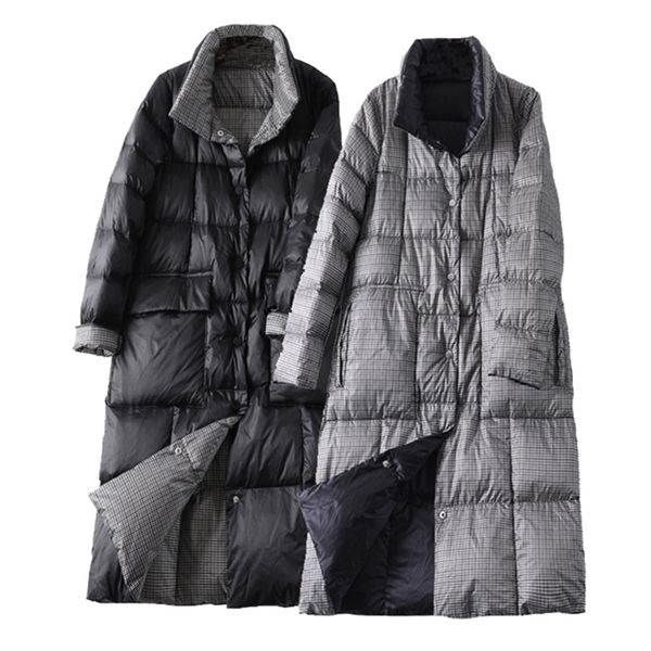 

women double sided long down jacket winter turtleneck plaid white duck down coat female warm parkas snow outerwear woman 201209, Black