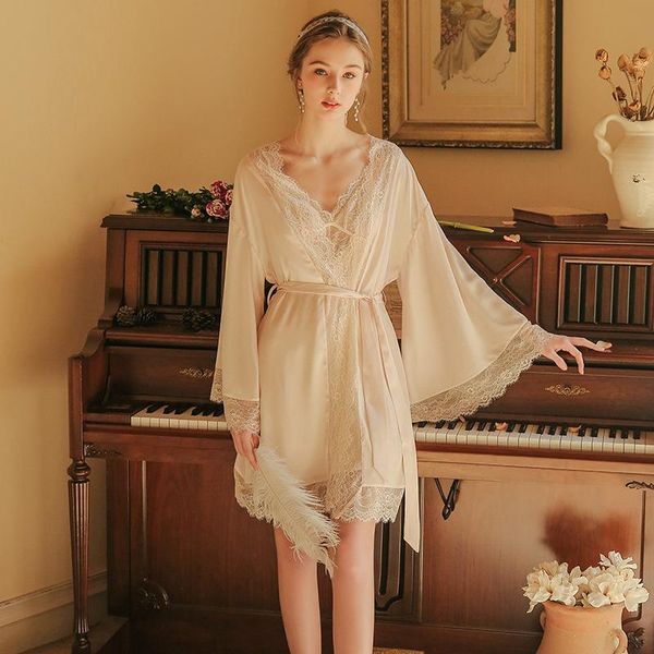 

women's sleepwear lace robe sets women spring autumn bathrobe bridal dressing gown ice silk sling nightdress two-piece summer clothing, Black;red