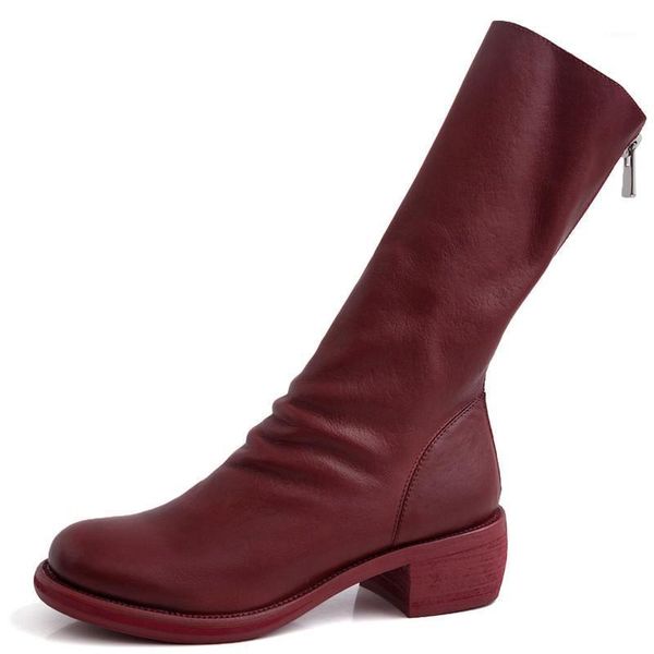 

retro autumn new genuine leather pleated fashion boots brand designed zipper boots chunky botas fenimina leather zapatos mujer1, Black