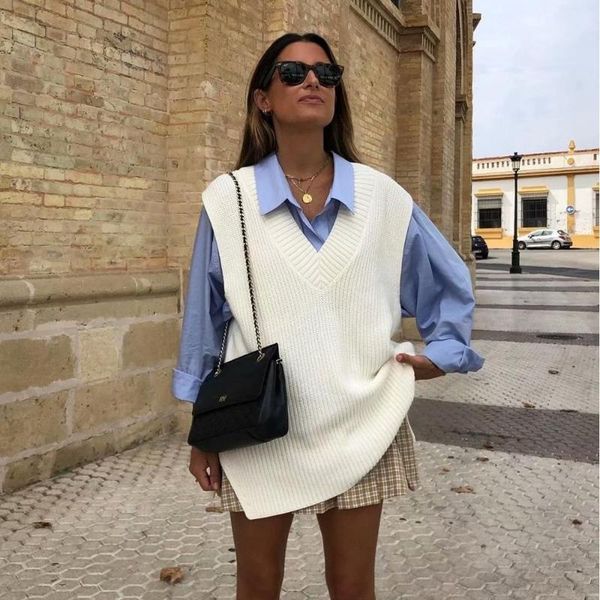 

women's vests 2021 women v-neck sleeveless sweater vest knitted jumper autumn winter split white korean preppy pullover loose casual, Black;white