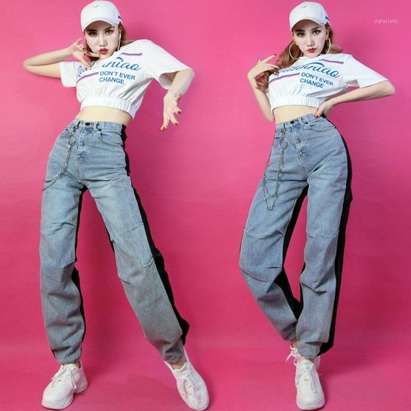 

new hip hop costumes adults street dance performance clothes women jazz stage outfit short sleeve fashion jeans dnv128231, Black;red