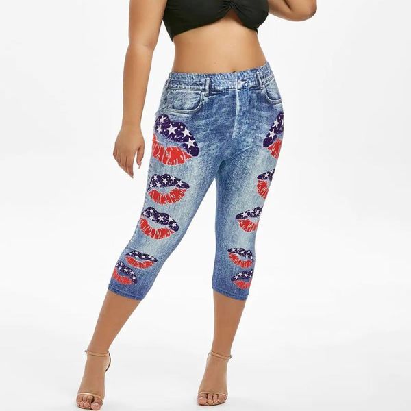 

plus size women fitness leggings 3d denim lips print elastic waist skinny no transparent pencil pants streetwear woman jeggings1, Black