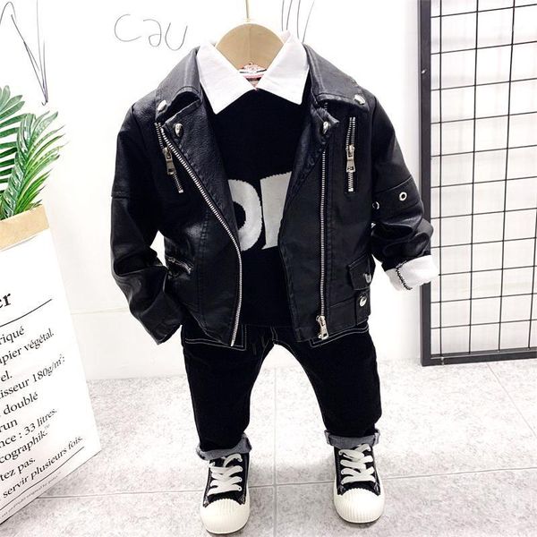 

toddler kids baby suit boy clothes set baby faux leather coat + knitted sweater + jeans pants 3pcs boys outfits 2-6years1, White