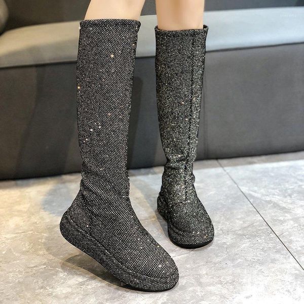

sequins socks women's boots slip-on knee-high boots for women chunky platform botas mujer rubber fashion long high autumn1, Black
