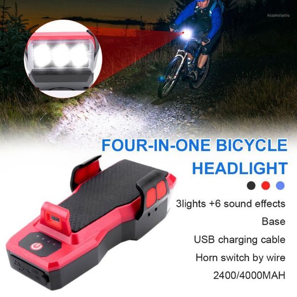 

4 in 1 bicycle headlight rechargeable usb bicycle led light with phone holder bell and mobile power for night cycling1
