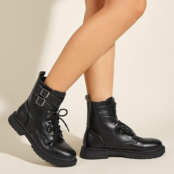 

boots 2021 women's black square heel motorcycle round head ankle cross strap
