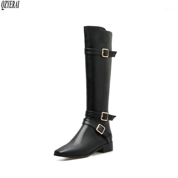 

qzyerai the knee boots autumn winter genuine leather fashion female boots women's women's shoes size 34-401, Black