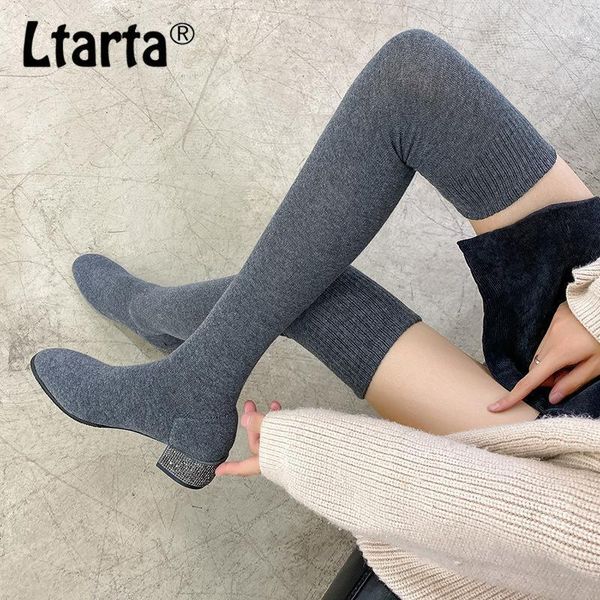 

ltarta over the knee thick heel thin knitting wool elastic socks boots women's shoes knee high boot hyjc1, Black