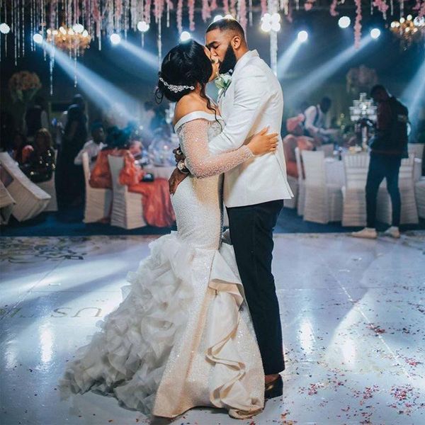 

african mermaid wedding dresses sequins sparkly off shoulder dubai arabic vestido de noiva plus size bridal dress custom, White
