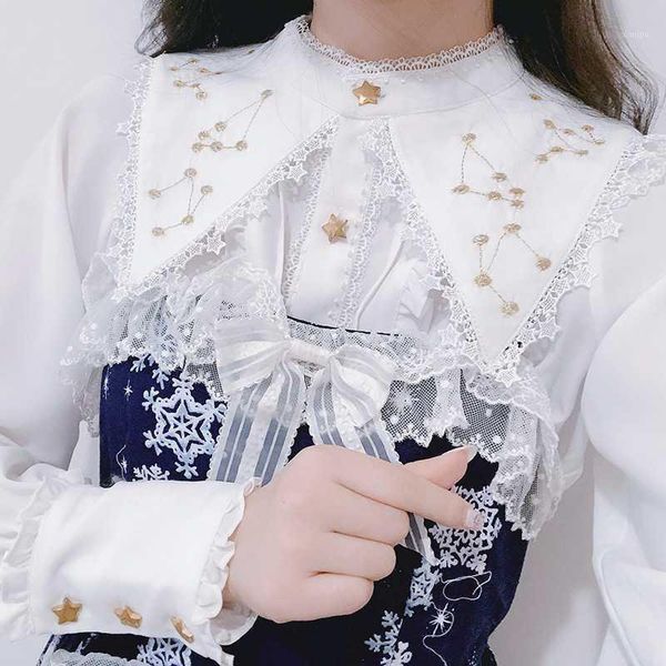 

constellation embroidery cute women's lolita gothic style shirt long sleeve blouse stars trim girls 5 colors autumn fall1, White