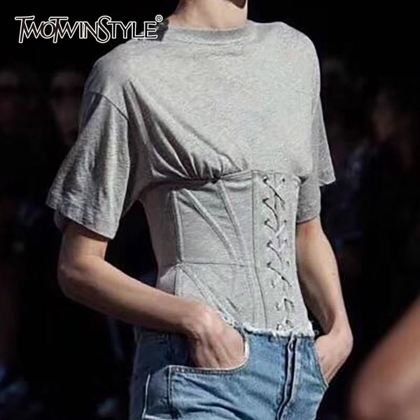 

twotwinstyle casual slim women t shirt o neck short sleeve tunic bandage t-shirt for female fashion clothing spring summer t200512, White