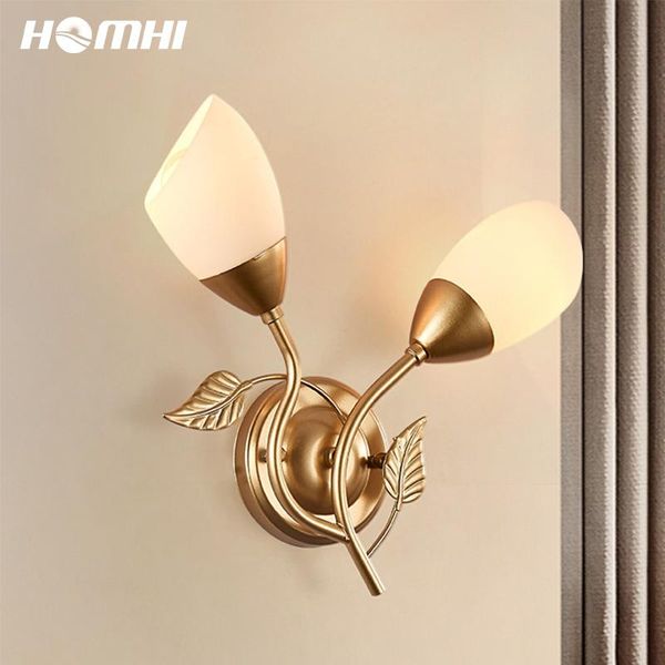 

nordic decoration salon bedroom led wall lamp gold european style for wall bathroom decor glass lamp shade leaf 2 heads homhi