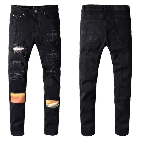 

mens classic hip hop casual pants men stylist coated jeans distressed ripped biker jean slim fit motorcycle denim jeans joggers streetwear, Blue
