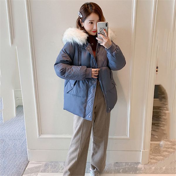 

2021 new women's winter coat white fur collar with hood down cotton coats new korean fashion thick female heat parkas, Black