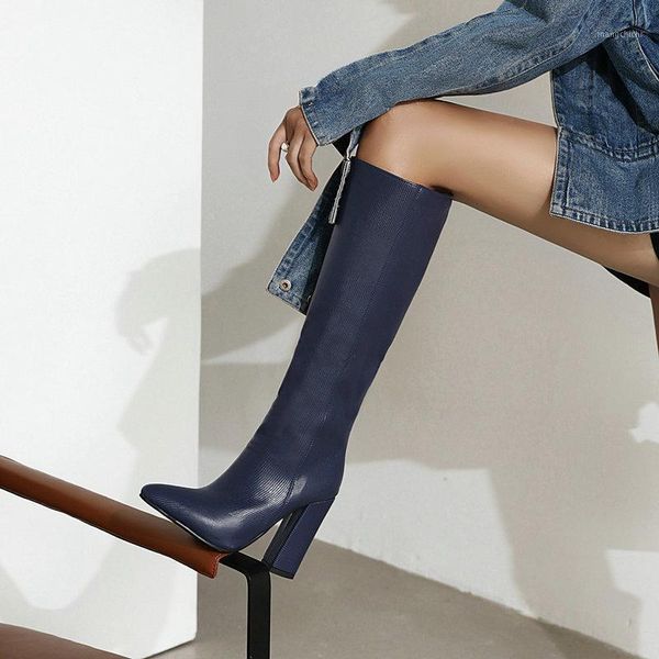 

women knee high boots pointed toe feather autumn winter western boots women chunky block high heel elegant long1, Black