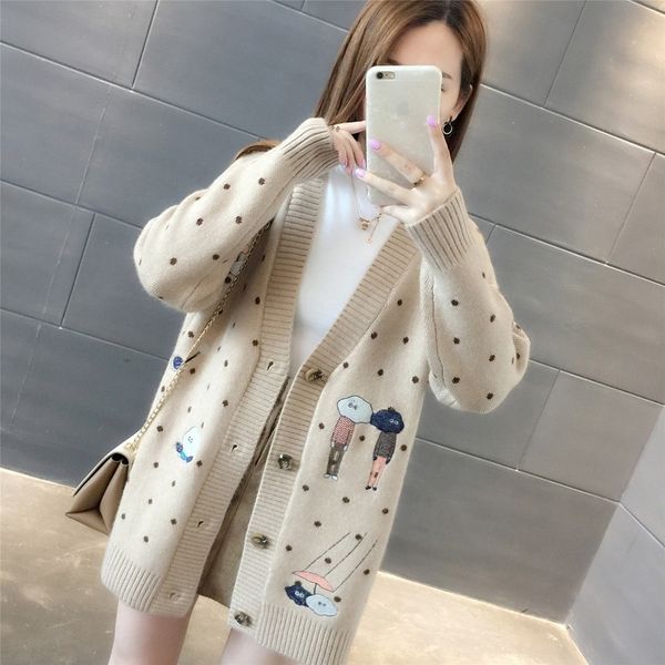 

women sweaters autumn winter outerwear sweater v-neck casual knit cardigans cartoon embroidery long sleeve korean loose cardigan 201202, White;black