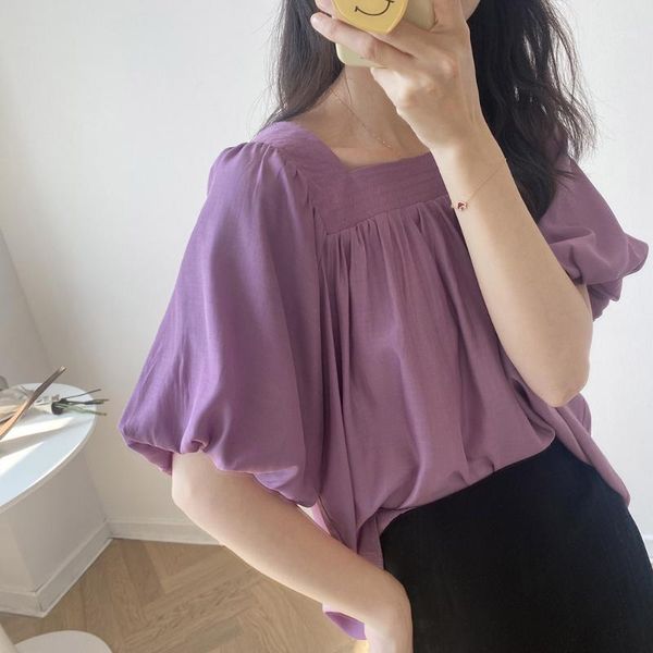 

women 2020 summer retro casual slim thin girl square collar female solid lantern sleeve french loose blouse1, White