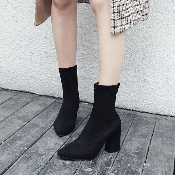 

boots women stretch fabric ankle woman thick heels ladies pointed toe elegant pumps women's fashion footwear female sock shoes, Black