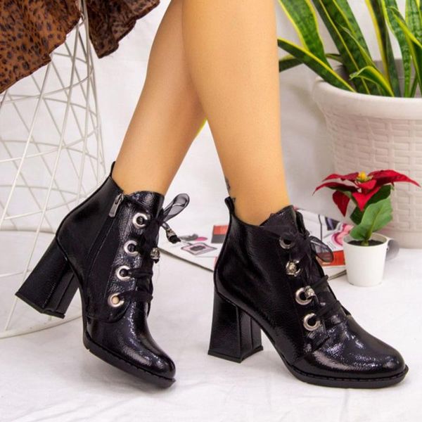 

sacira black japanned leather decorated heels boots 2021 winter fashion stylish women 's postal everyday clothing bright color lace-up