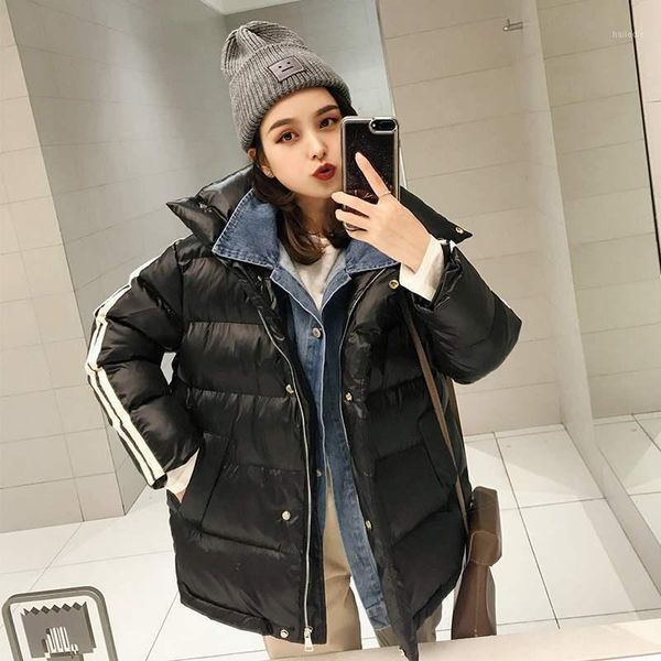 

2020 new autumn and winter padded jacket women bread jacket short fake two-piece down padded women's clothes female coat1, Black