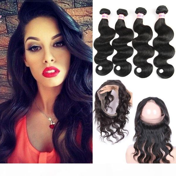 

pre plucked 360 lace frontal brazilian virgin human hair bundles body wave hair weaves 360 lace frontal with bundles, Black;brown