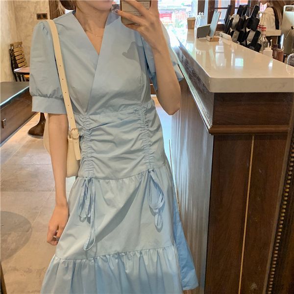 

2021 new women's clothing summer fashion tempers plied edge casual all-match draw string v-neck thin dress ey61, Black;gray