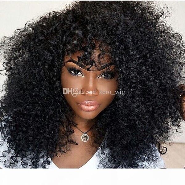 

afro kinky curly lace front wigs with baby hair brazilian kinky curly glueless full lace human hair wigs with bangs for black women, Black;brown