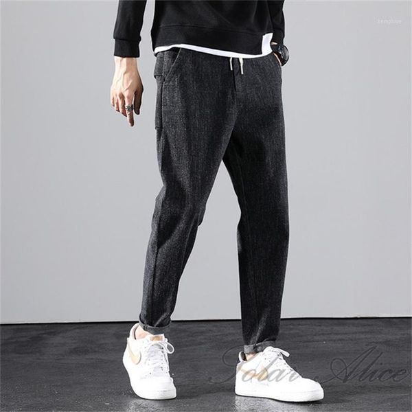 

2020 men's fall/winter new fleece brushed small straight-leg jeans with elastic waist slim fit pants1, Blue