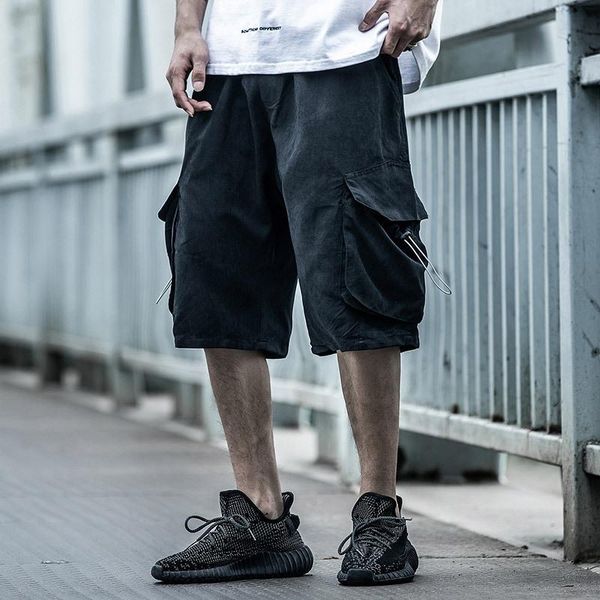 

men's shorts drawstring mid men hip hop cargo short trousers harajuku streetwear loose casual pants double side pockets fashion summer, White;black