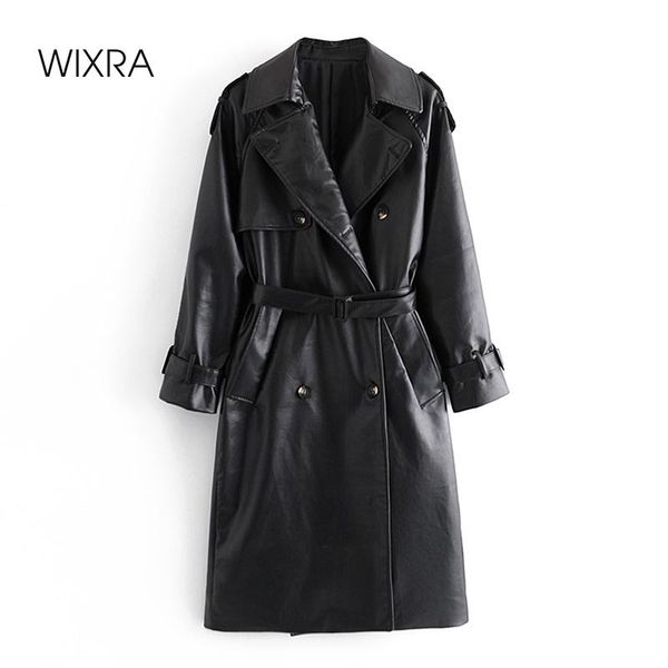 

wixra womens faux leather long jackets pu coat windbreaker solid outerwear with belt cool high street autumn spring, Black