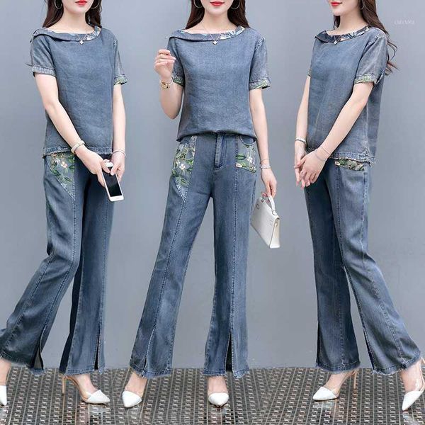 

blue denim suit 2020 summer fashion printed new denim suit fashion slim trumpet pants two-piece western-style aging pants1, White