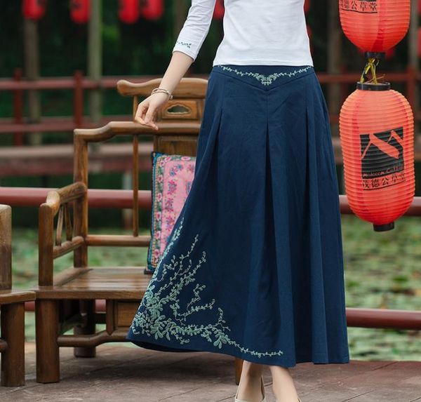 

spring summer new women embroidered elastic waist plied big swing skirt 9ooe, Black