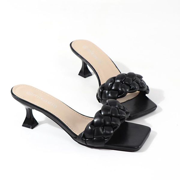

slippers women's shoes 2021 high version one-line sandals and outer wear square toe open heel, Black