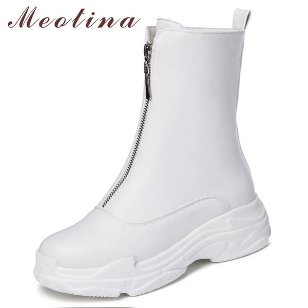 

meotina women boots autumn ankle boots zipper flat platform short fashion round toe shoes ladies winter white plus size 46, Black